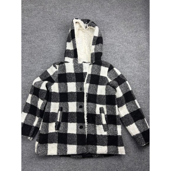 Steve Madden Fleece Hooded Faux Fur Sherpa Coat Women's L Black Button Jacket - Picture 1 of 8